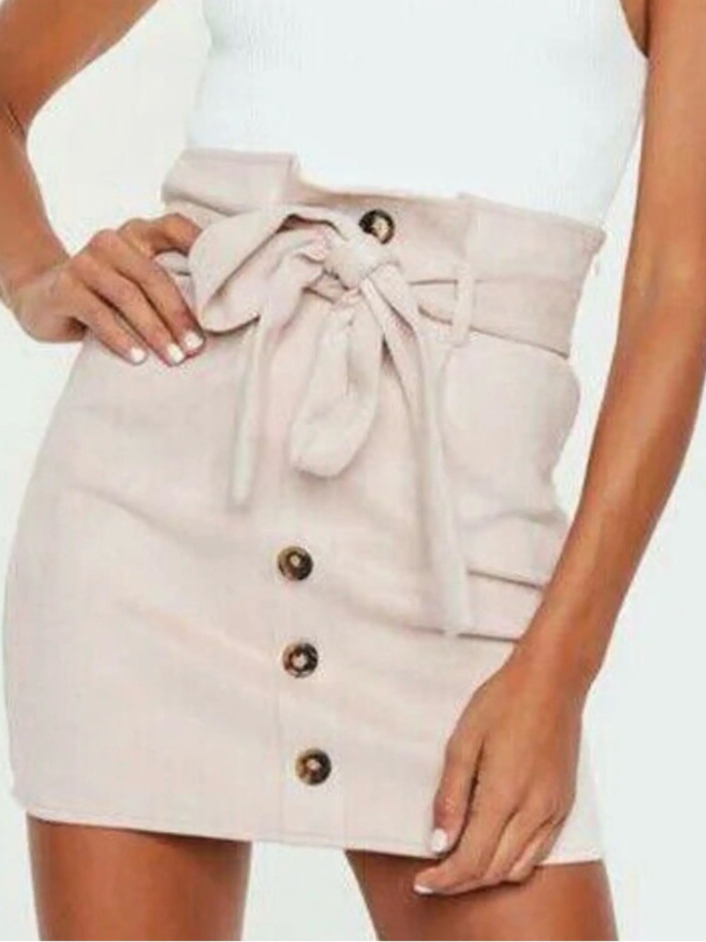 Missguided Cream High-Waist Tie-Belt Button-Front Mini Skirt